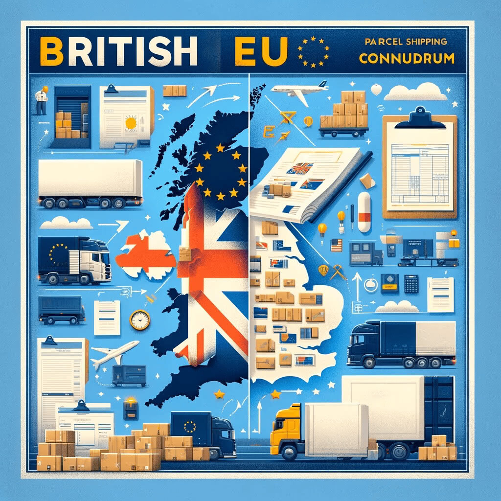 A detailed illustration depicting the complexities of British and EU parcel shipping.