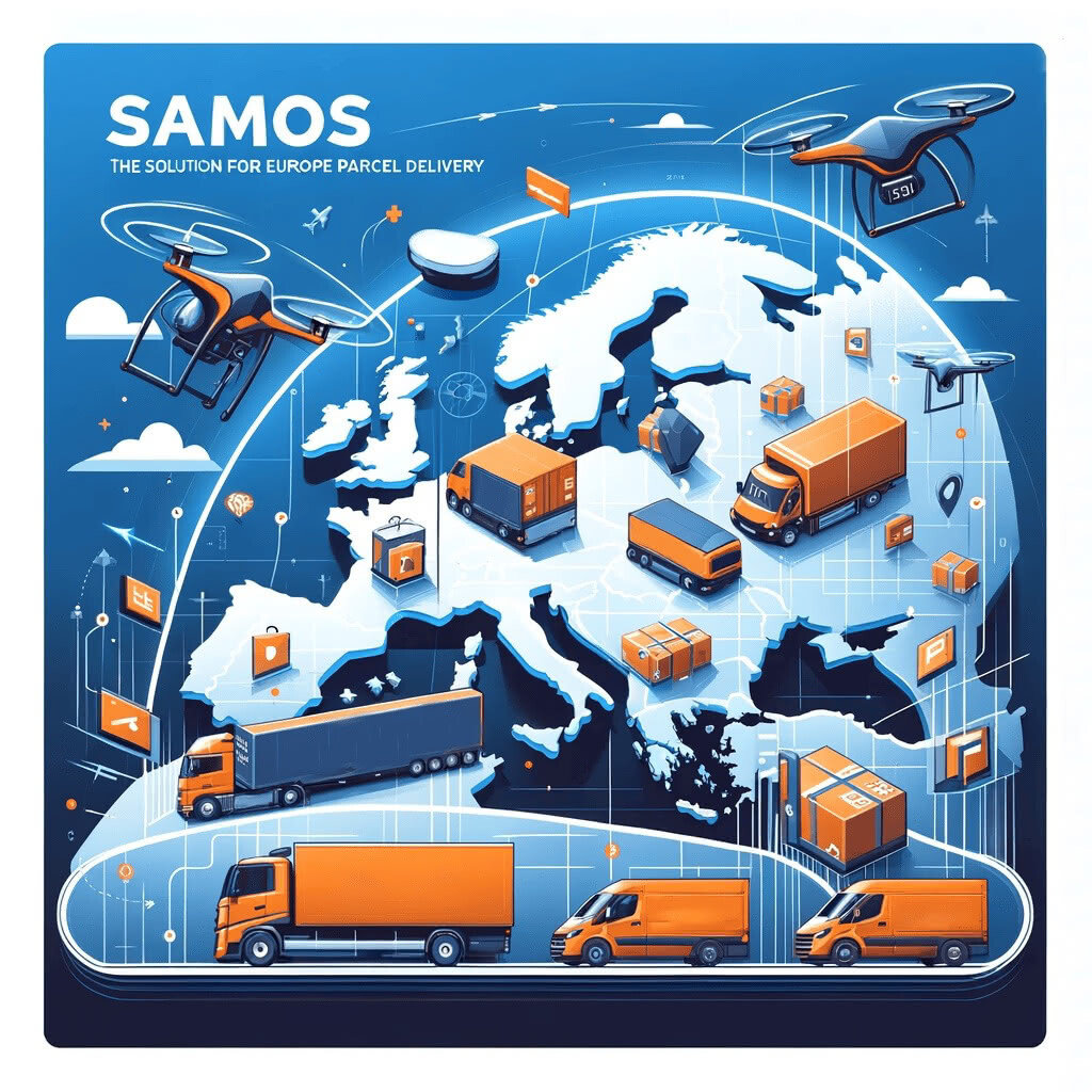 An illustration of Europe highlighting SAMOS as the solution for parcel delivery, featuring drones, trucks, and shipping boxes connected across the continent