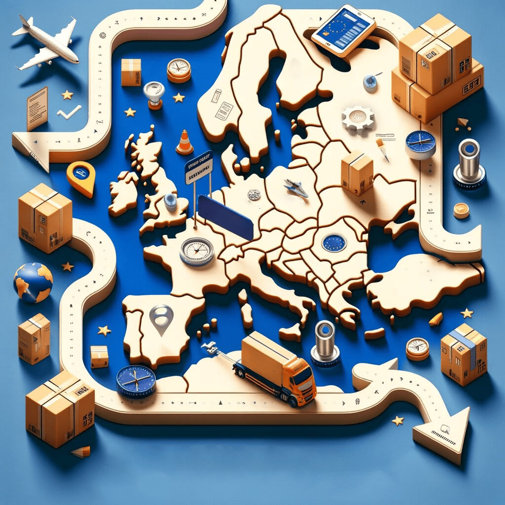 A stylized map of Europe featuring logistics icons such as airplanes, trucks, shipping boxes, and navigation tools to represent a comprehensive shipping network.