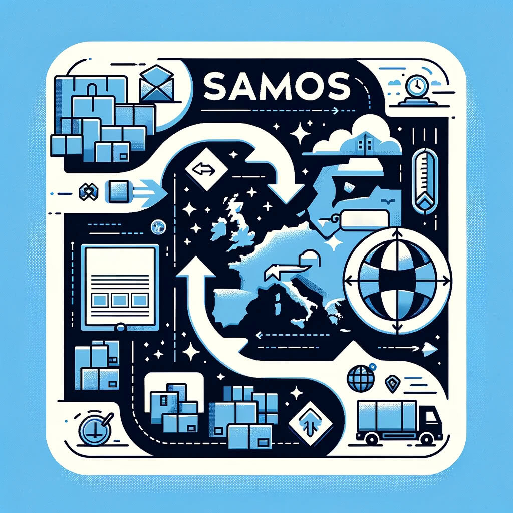 An illustration promoting SAMOS, featuring a map of Europe with arrows, shipping boxes, trucks, and logistics icons, highlighting seamless parcel delivery without customs refusals, delays, and problems.