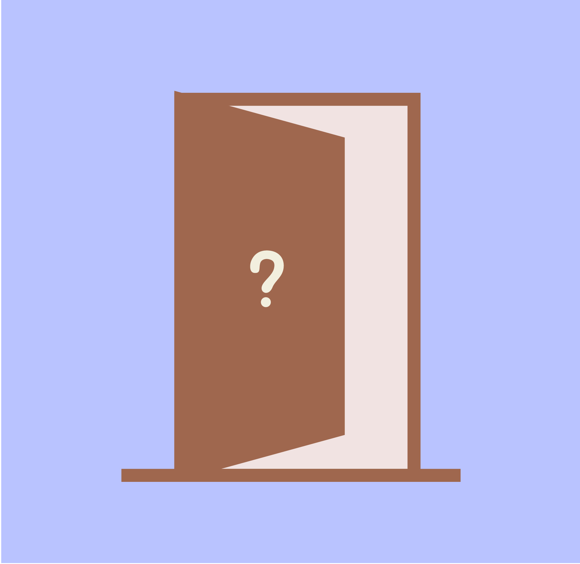 Open brown door with question mark in the centre